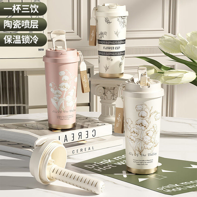 316 coffee tumbler lily of the valley thermal and cold cup for girls, good-looking straw, car double drinking cup, gift cup