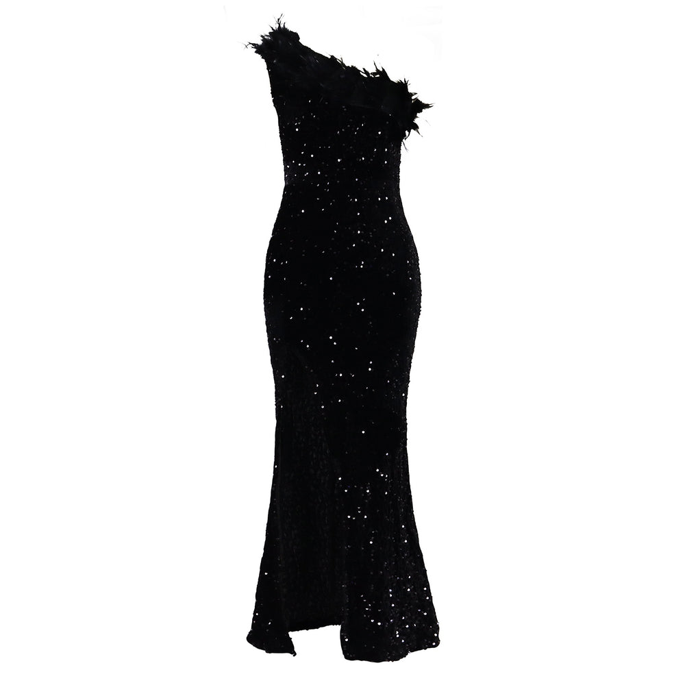 D525  cross-border new fashion elegant asymmetrical neckline high-waisted slit maxi dress sequin gown