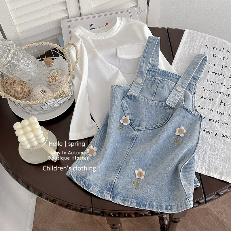 Girls' denim overalls dress - spring  new collection: sweet & cute floral embroidered tank dress for baby girls - trendy style