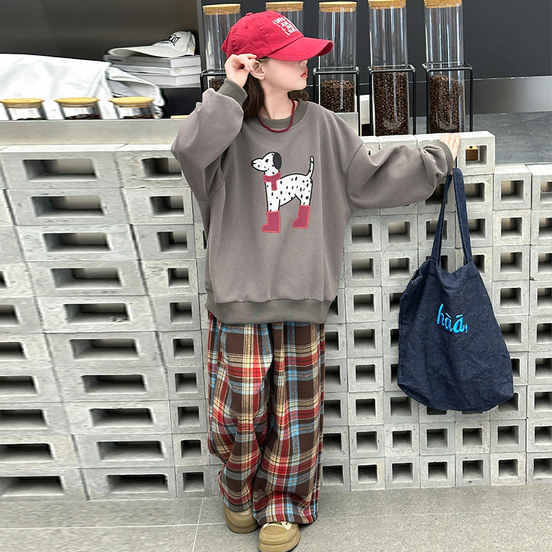 Girls' spring new arrival: sweatshirt and wide-leg pants set - loose fit, cute dog print, and plaid design for mid-to-large children