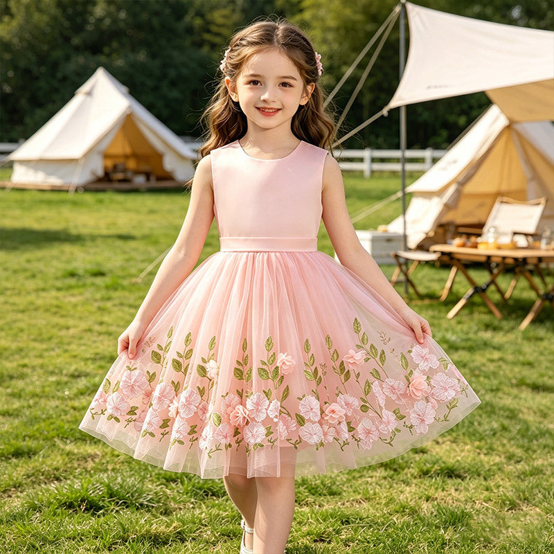 Girls' summer dress  new style tank dress children's heavily embroidered butterfly floral princess dress summer cross-border