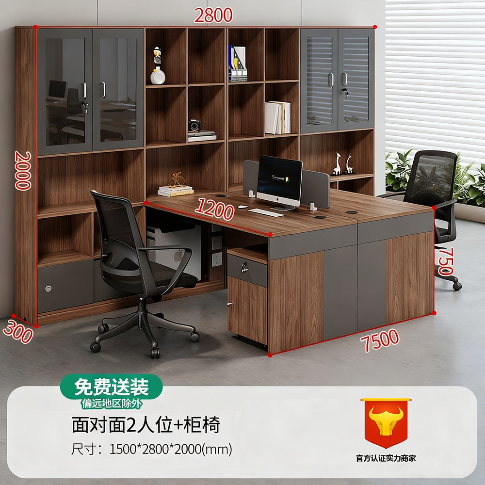 Financial office desk set - executive office desk with high cabinet, two-seat facing configuration for accountants and managers