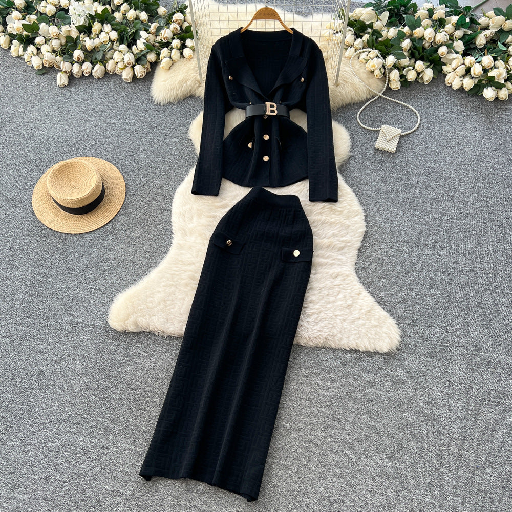 French chic high-end women's autumn set: tie-waist knit top with metal buckle & high-waisted bodycon midi skirt