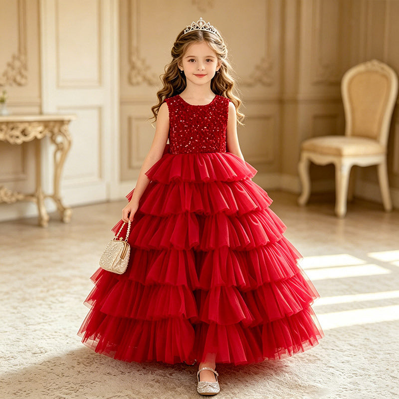 Girls' formal dress with detachable bow back, ankle-length, sequin appliqué, flower girl runway cake dress - in stock