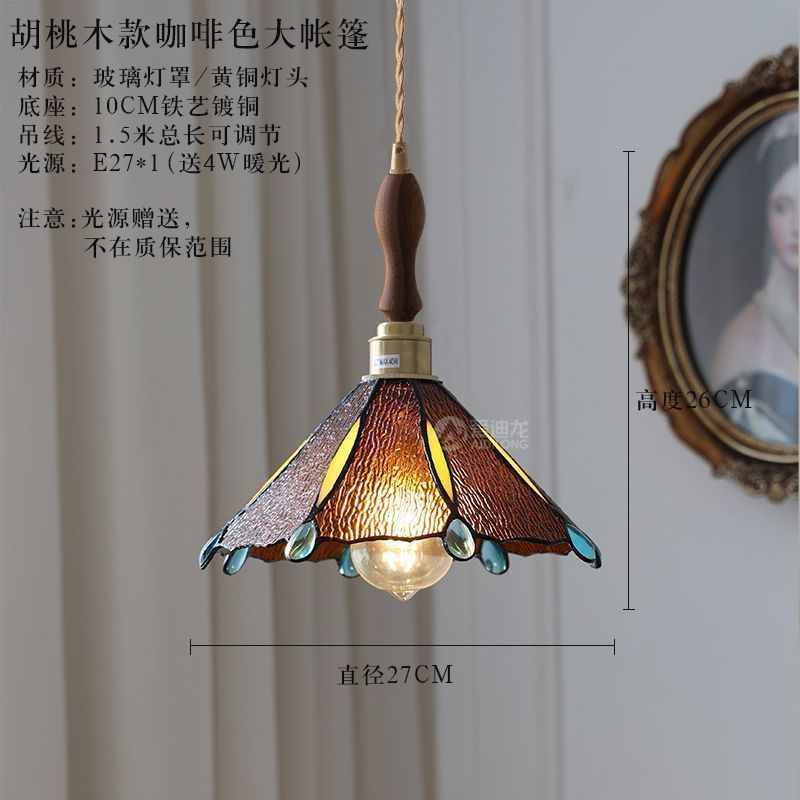Vintage brass hand-soldered lamp, american style bedside aisle restaurant cafe stained glass pendant light