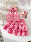cross-border girls' fashion: european & american style halter collar denim vest + denim mini skirt bow set