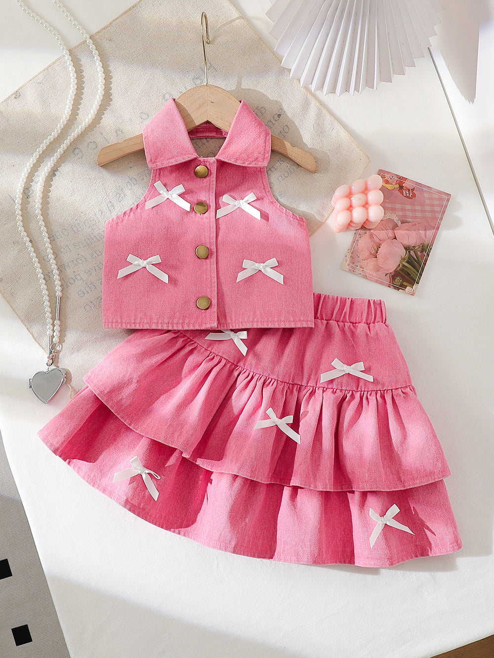 cross-border girls' fashion: european & american style halter collar denim vest + denim mini skirt bow set