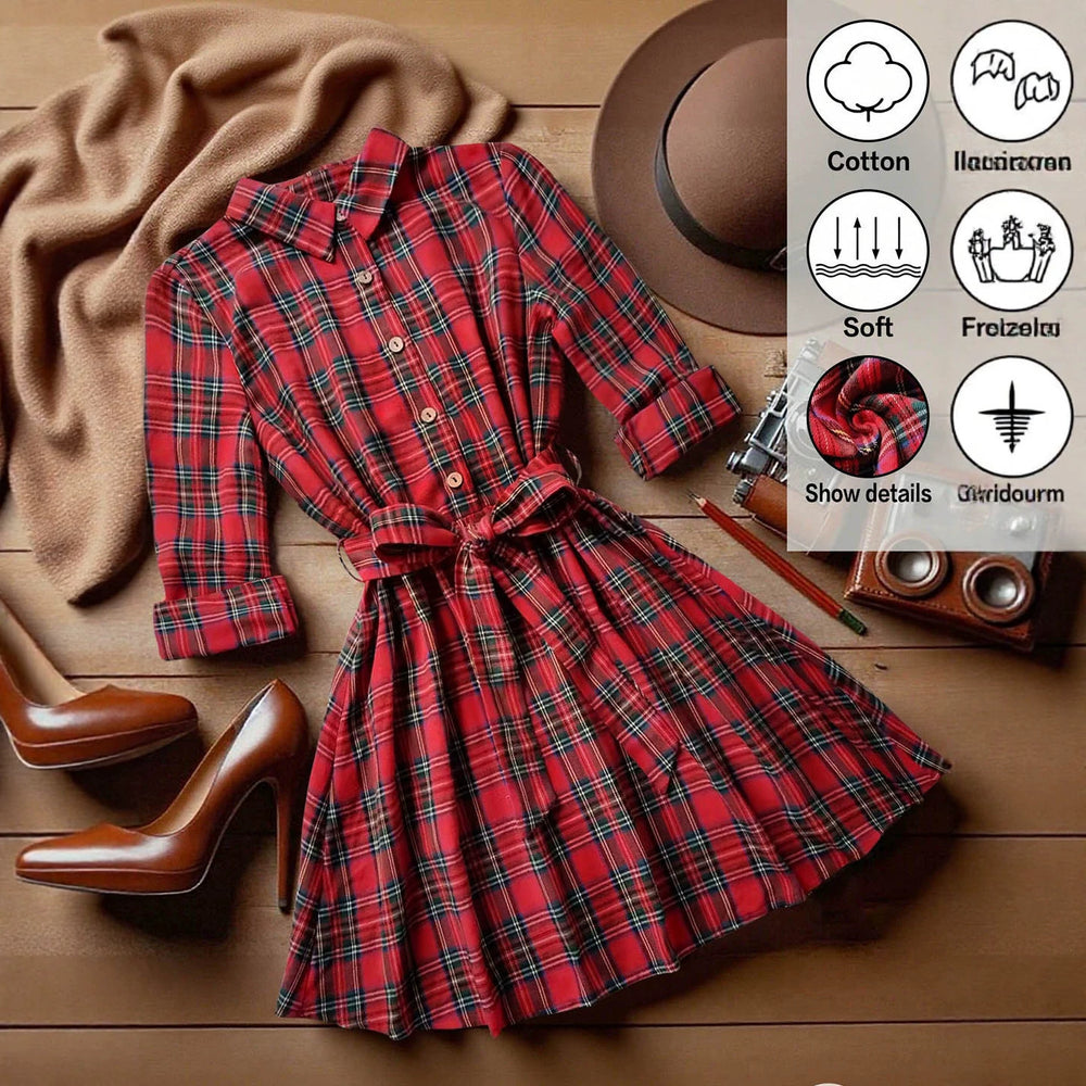 Vintage plaid shirt dress with turn-down collar, belted waist, a-line skirt, and roll-up cuffs