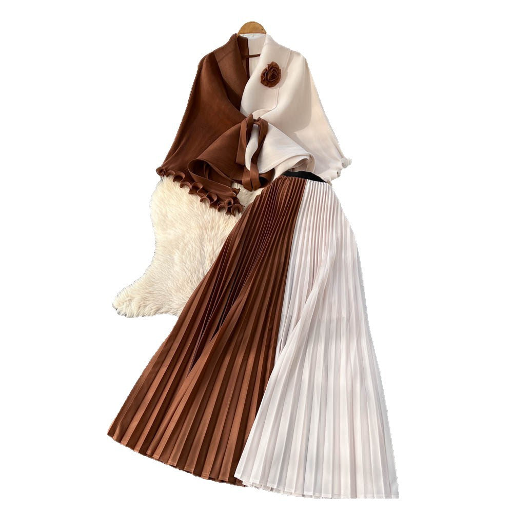 Elegant and chic commute style: sleeveless two-piece pleated skirt set with tie-waist detail - purple, autumn collection, designer piece