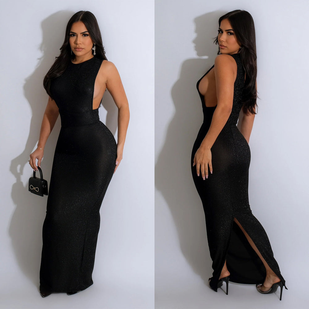 C6791 cross-border   fashion women's solid color round neck sleeveless slit maxi dress