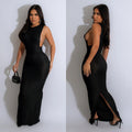 C6791 cross-border   fashion women's solid color round neck sleeveless slit maxi dress