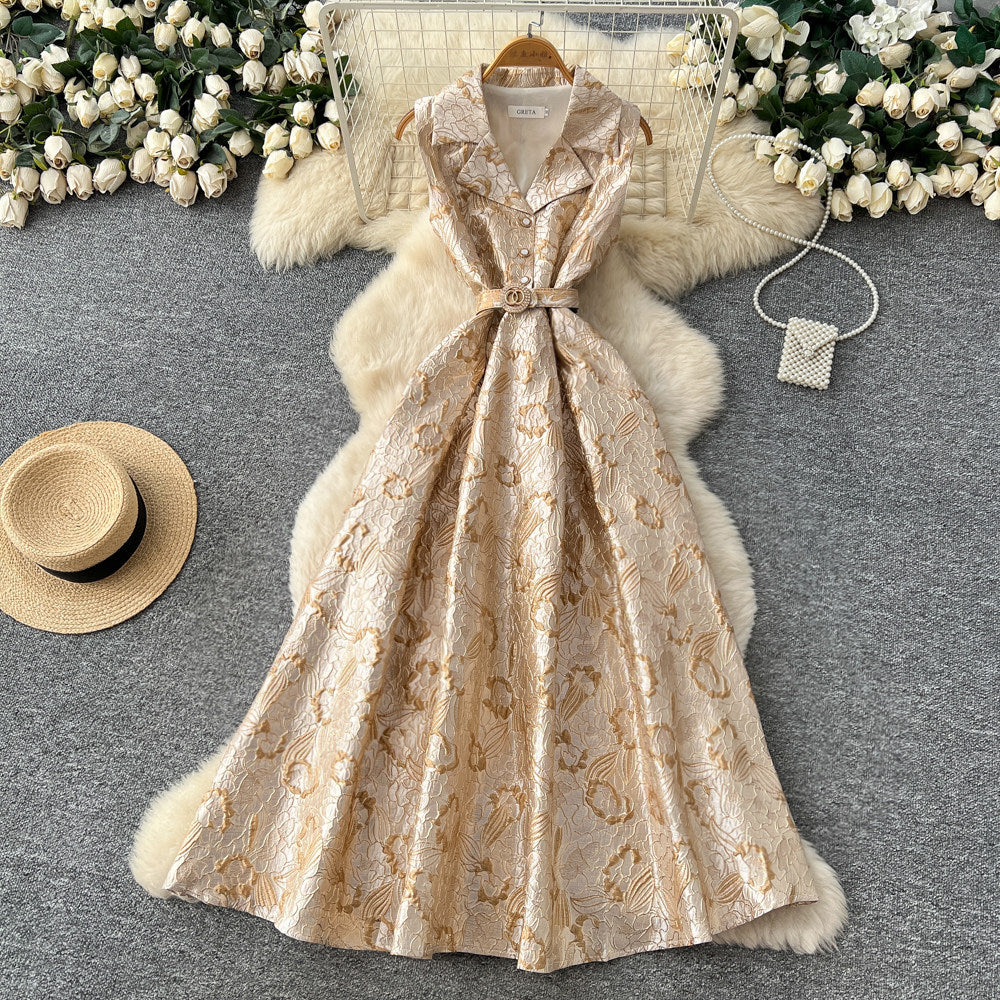 Elegant and chic jacquard dress with suit collar - sleeveless, tie-waist, slimming a-line maxi dress for women - perfect for summer