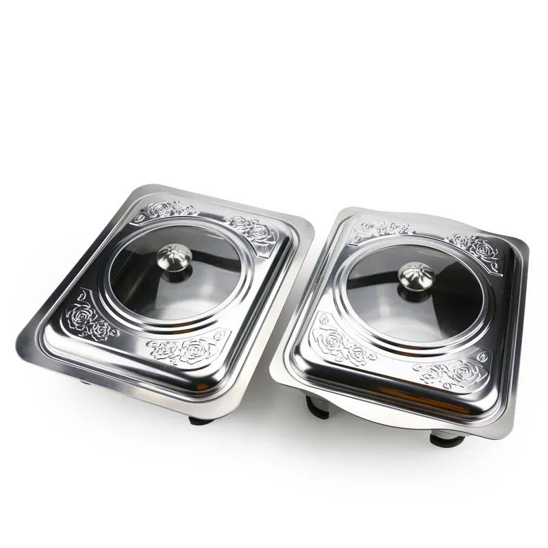Customized cross-border stainless steel four-legged dining stove with cover restaurant food insulation heating buffet stove square hotel dining stove