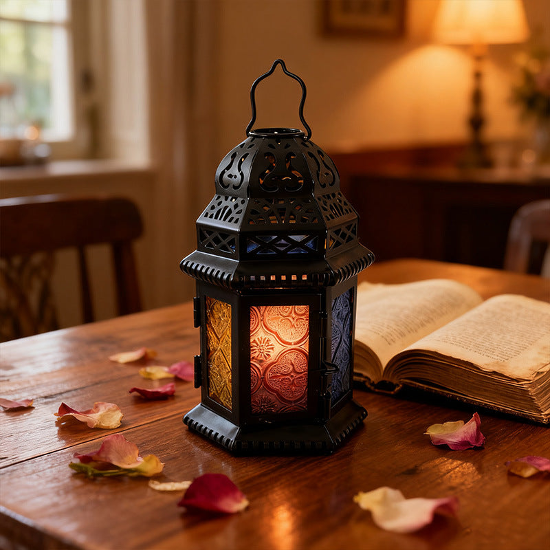 Moroccan iron candlestick, stained glass lantern, garden decor, home decor ornament, housewarming gift