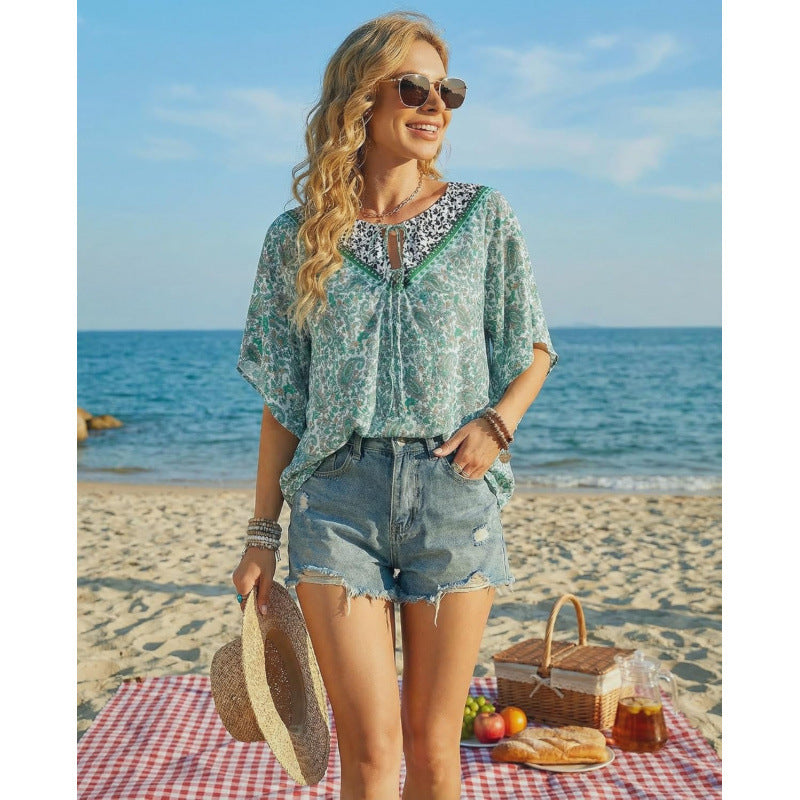 Amazon fashioncasualfloralsv neck short-sleeved shirt for women summernew arrivalbohemiatops