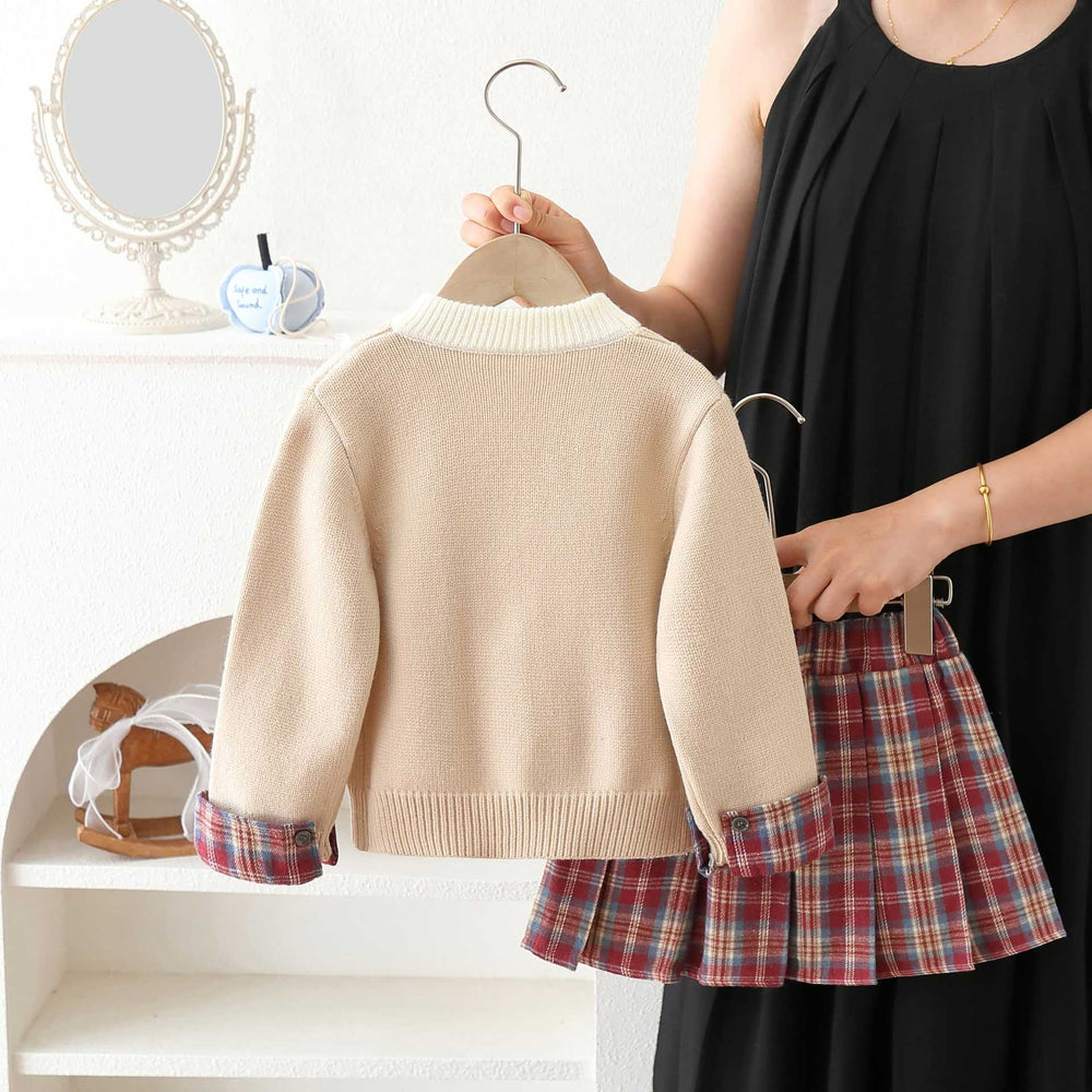 Girls' sweater set - new autumn/winter  collection: round neck, color block, faux two-piece knit cardigan jk outfit