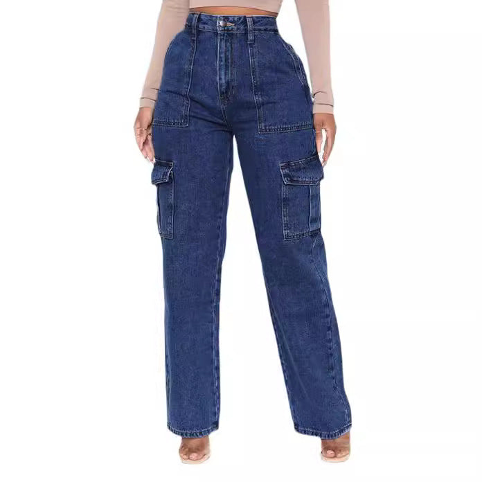 Y2k style   jeans women's new multi-pocket high-waisted elastic waistband washed cargo pants