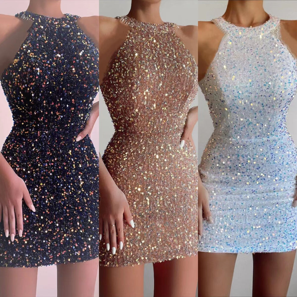 2025 european and american cross-border new fashion halter neck sexy crystal tassel bodycon sequin midi dress evening gown