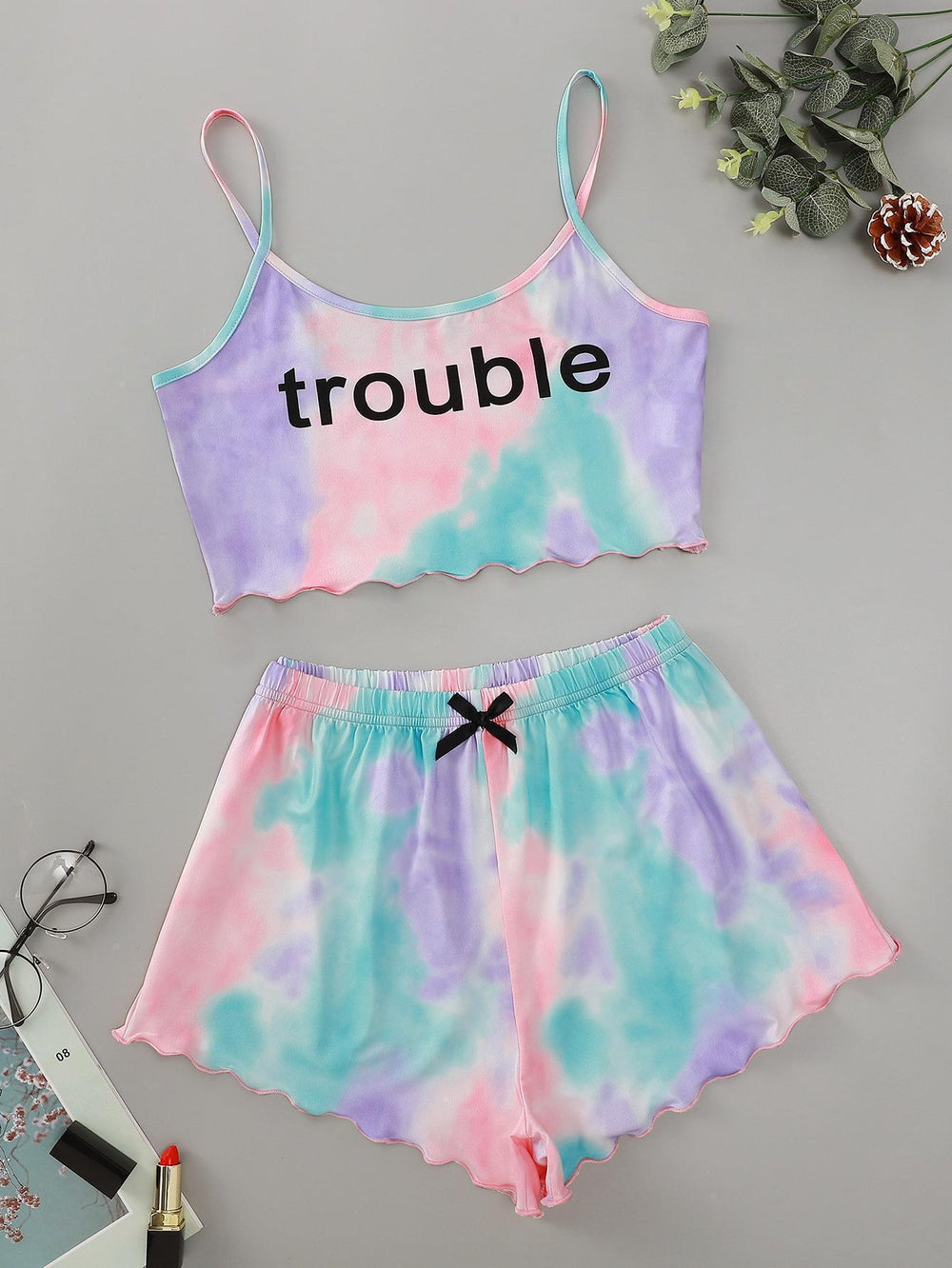 European and american new gradient english "trouble" print top and shorts loungewear set - direct from the manufacturer