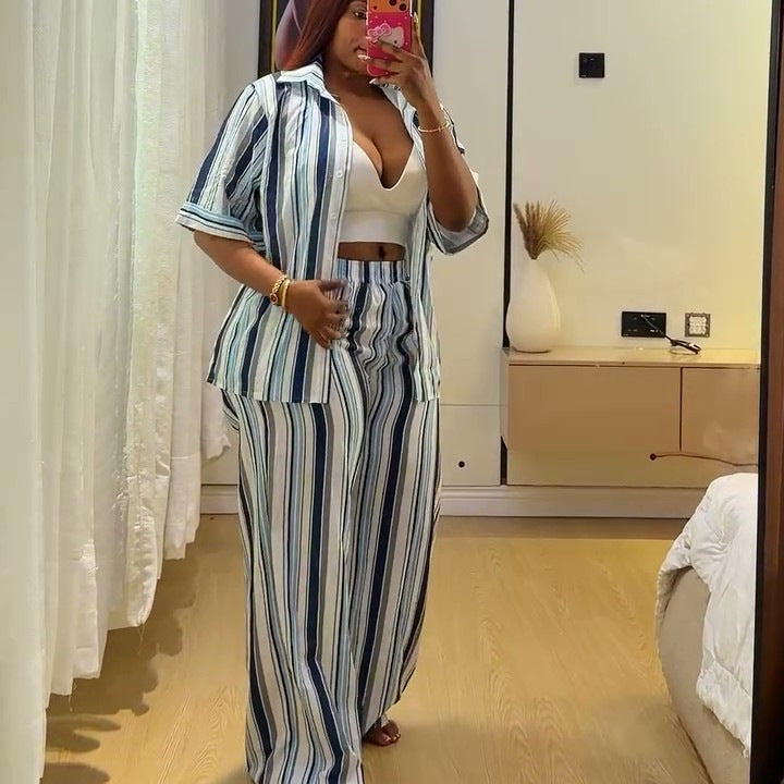 European and american cross-border african women's clothing  summer new fashion casual striped loose shirt high-waisted pants set