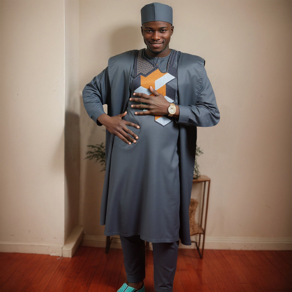 e-commerce  men's plus-size fashion business embroidered three-piece suit  african men's plus-size clothing