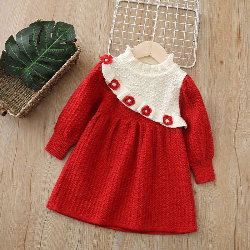 Girls' knitted sweater dress - new autumn/winter  collection - handmade floral detail, sweet winter base layer dress