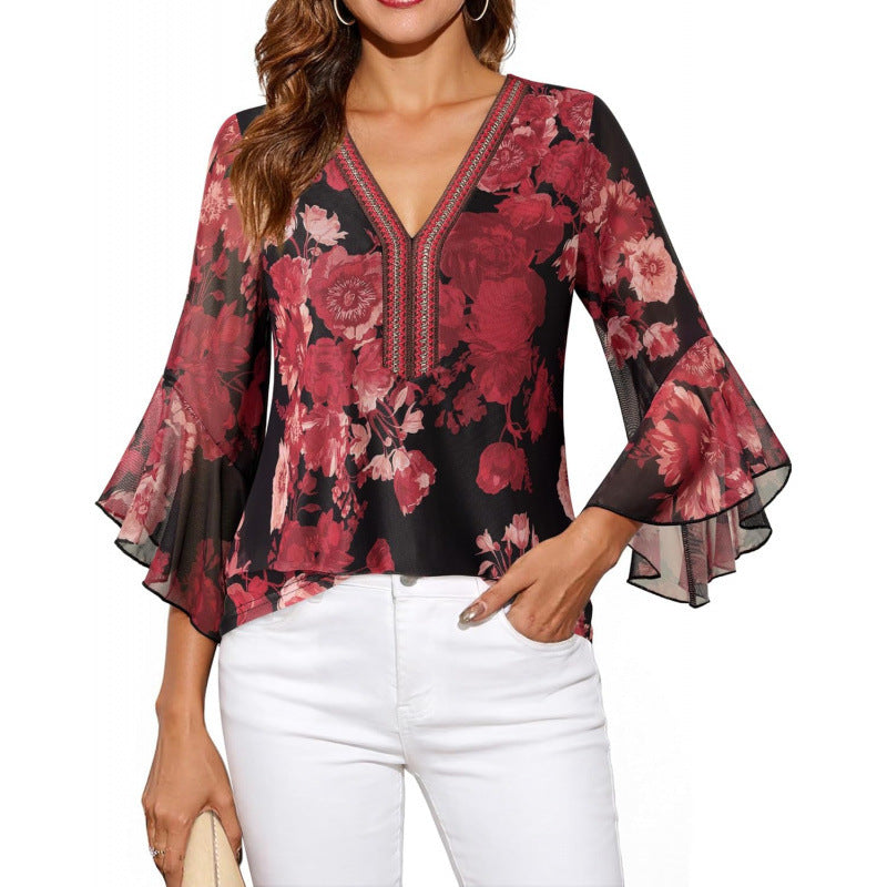 Amazon fashioneleganteleganceflowershirt women's  summer new ruffles sleeve v necktops