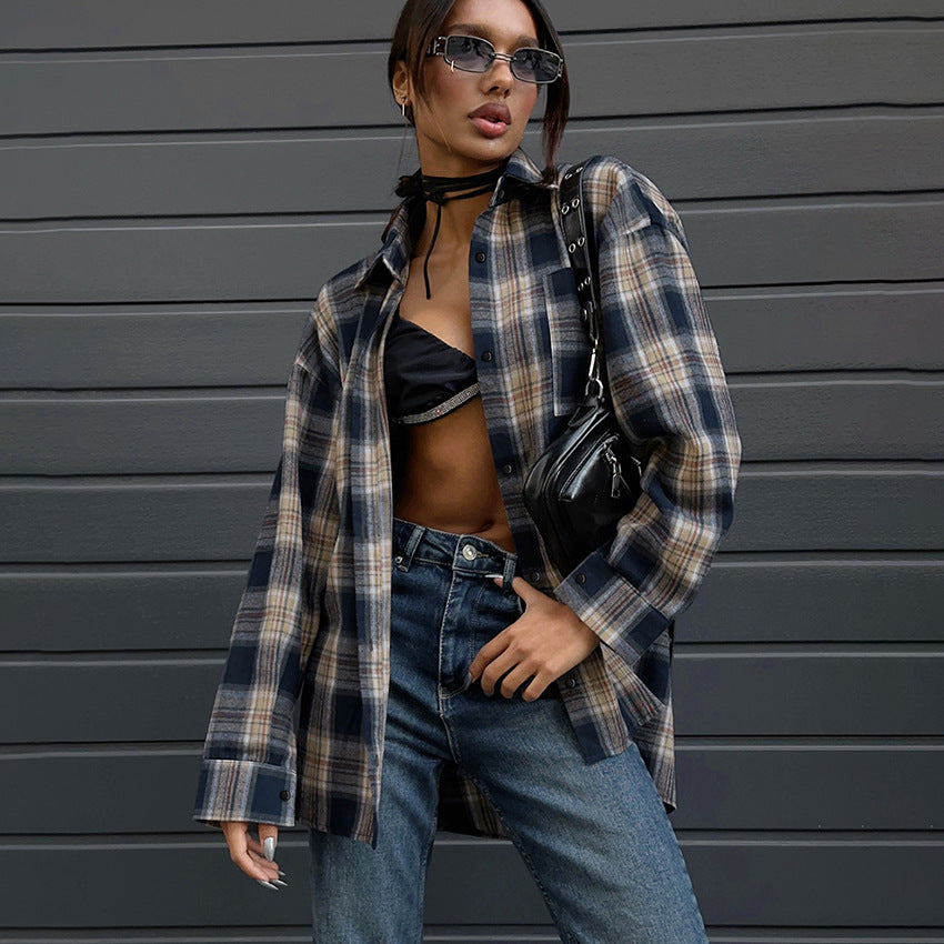 Cross-border European and American casual contrasting color plaid shirt women's 2024 autumn oversize loose medium and long cardigan shirt