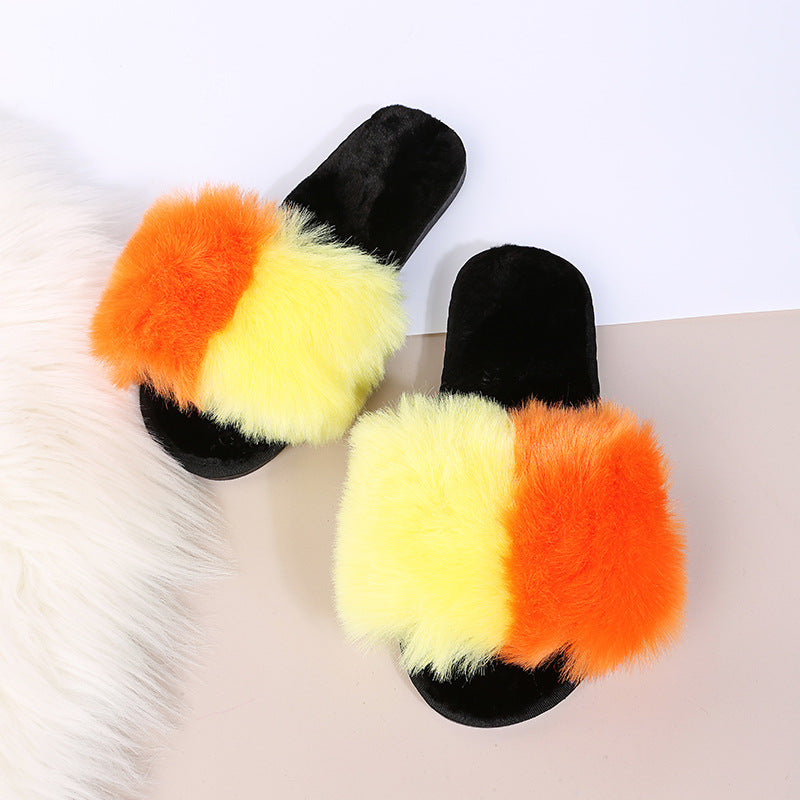 European and american style 2024 autumn/winter plus size color block thickened flat slippers, celebrity-inspired fuzzy slippers for women
