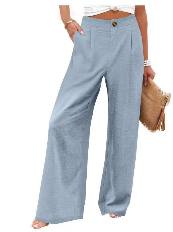 cross-border  fashion summer plaidhigh waistpants button elastic waist loose pants women's casual straight-leg pants
