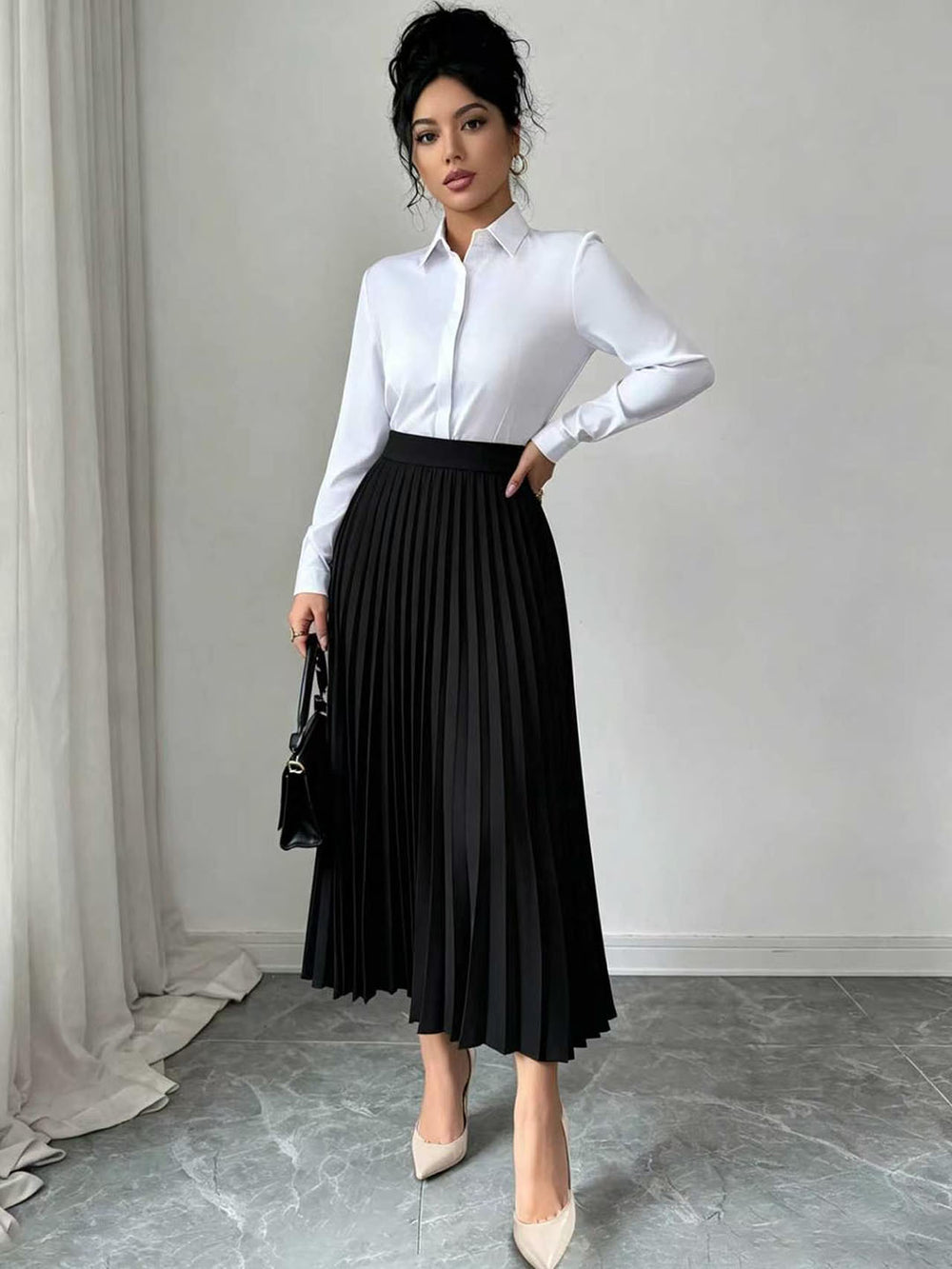 European and american  minimalist commute pleated midi skirt - black, high-waisted, drapey, slimming, versatile a-line skirt