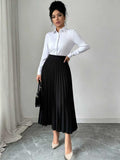 European and american  minimalist commute pleated midi skirt - black, high-waisted, drapey, slimming, versatile a-line skirt