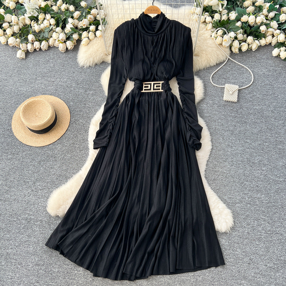 high-end v neck pleated long sleeves waist dress women's slimming look a-line long skirt work clothingelegant large swing long skirt