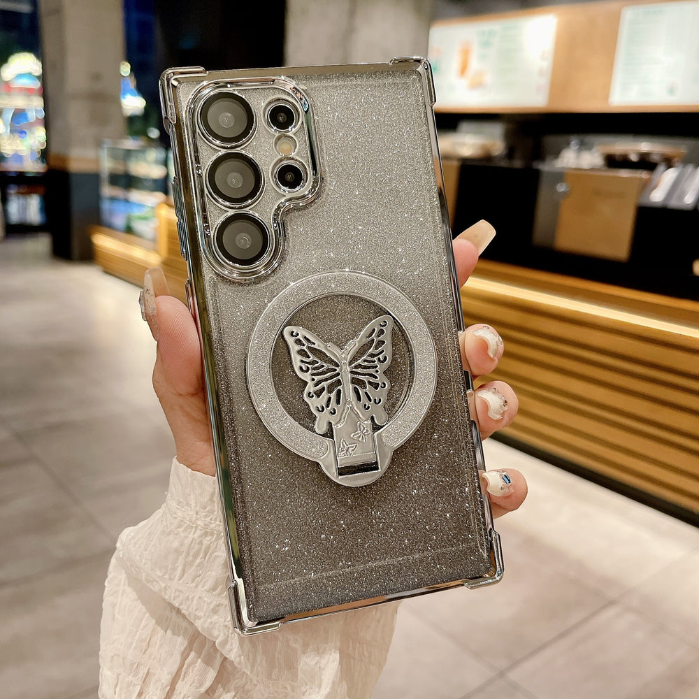 Samsung s25u butterfly glitter stand magnetic phone case, compatible with s26p, four-corner airbag anti-drop a07 protective cover