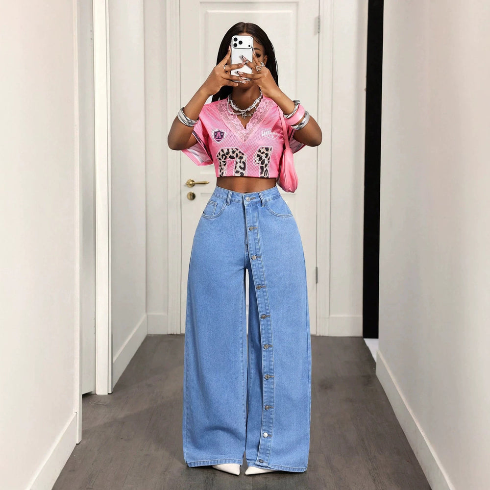 Fashionjeans women's light blue washed placket buttoned stylish slit high waistloose floor-length wide-leg denim pants