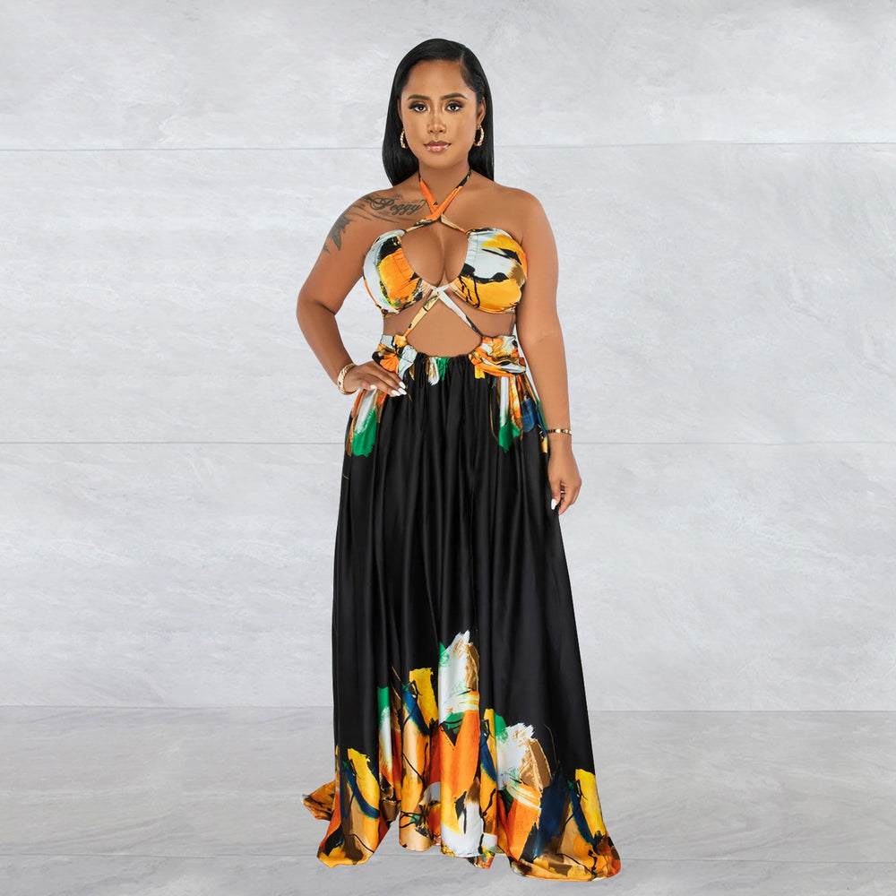 C6263 cross-border   fashion women's color block tie-up sleeveless bandeau maxi dress