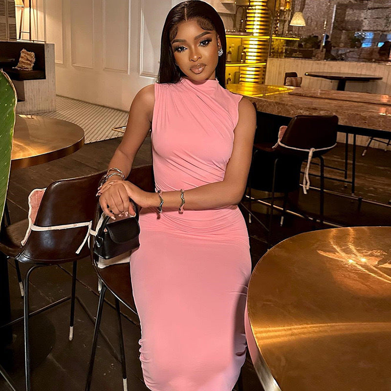 European and american style women's foreign trade dress  new solid color long sleeveless round neck elegant casual pullover dress