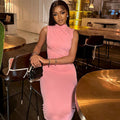 European and american style women's foreign trade dress  new solid color long sleeveless round neck elegant casual pullover dress