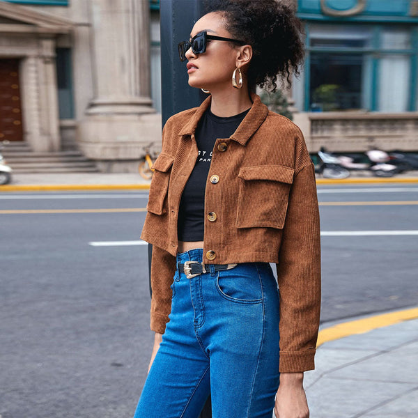 2024 spring and summer  European and American women's clothing casual single-breasted organ bag lapel corduroy long-sleeved jacket