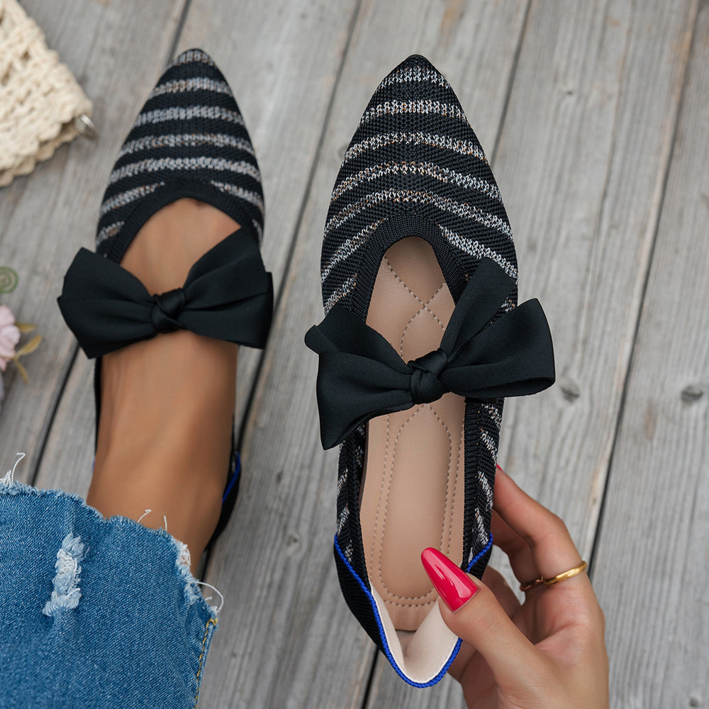 new spring/autumn pointed-toe bowknot embellished everyday flyknit plus size loafers, moccasin-style flat shoes