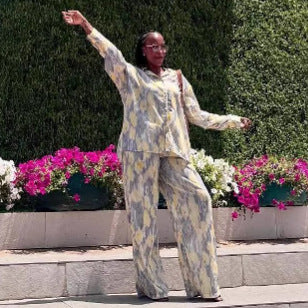 European and American fashion printing loose long-sleeved lapel cardigan shirt trousers women's suit African women's casual two-piece suit