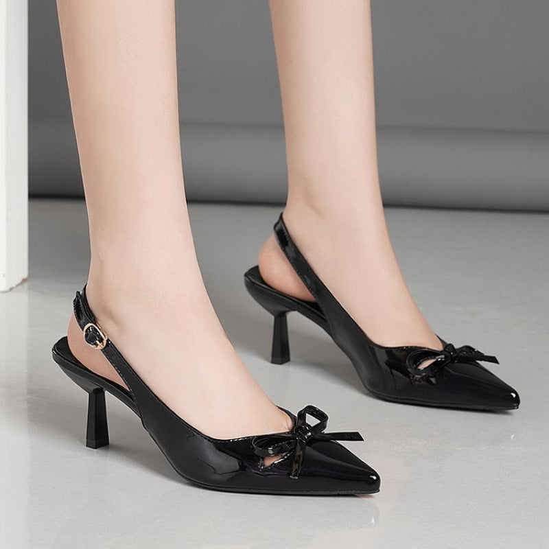 Pointed toe bow detail low-cut stiletto heel closed-toe sandals - women's spring/summer 2025 high heel single shoes with back strap