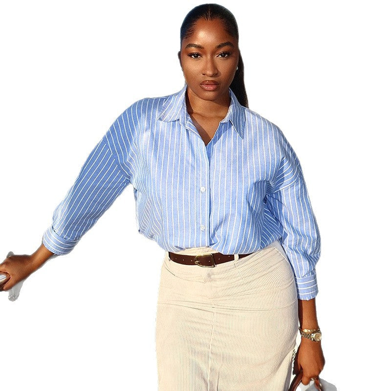 European and american cross-border women's fashion:  autumn new arrival - elegant casual turn-down collar blue striped versatile long-sleeve shirt top