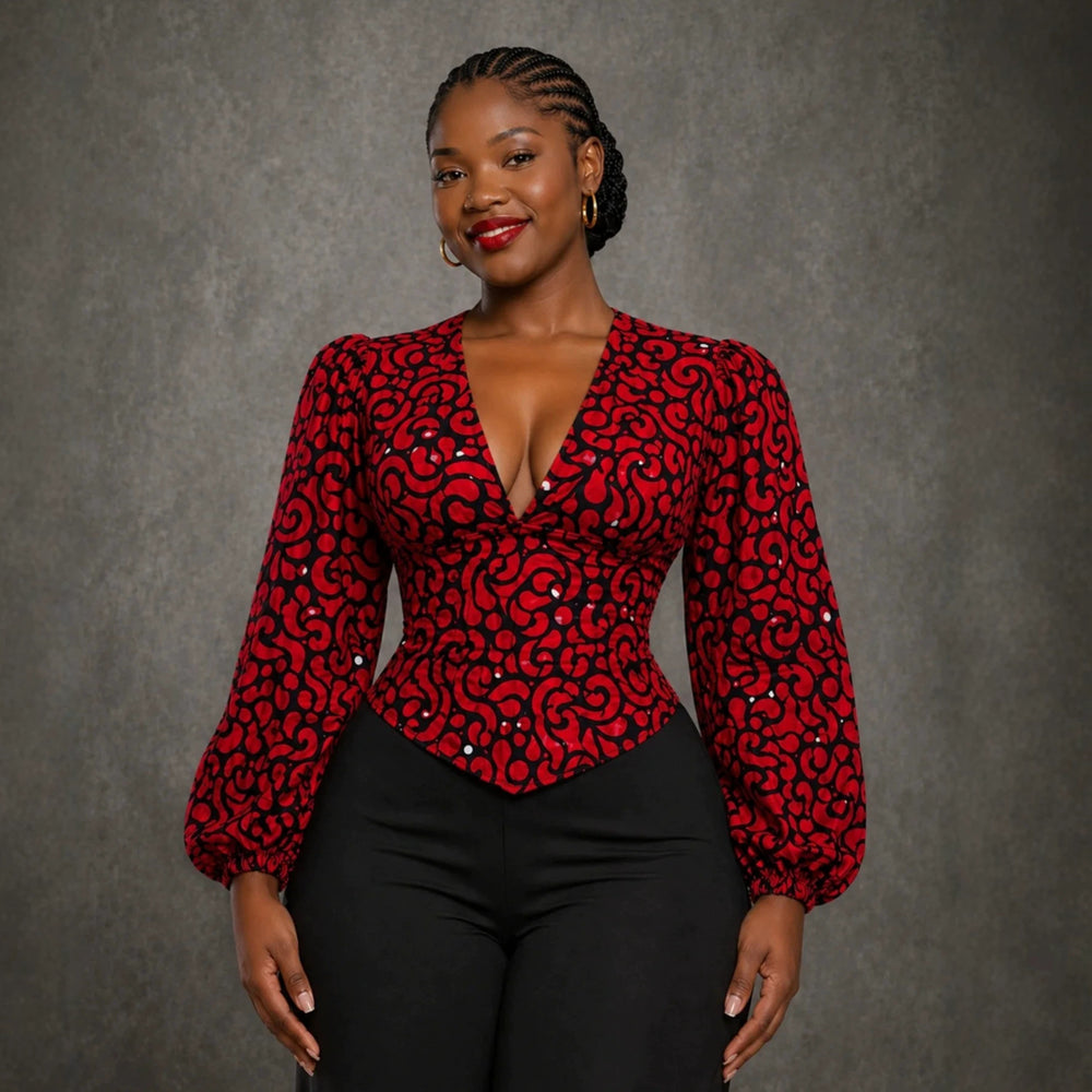 European and american cross-border african women's clothing  summer new arrival: elegant v-neck printed bubble sleeve tie-waist blouse