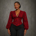 European and american cross-border african women's clothing  summer new arrival: elegant v-neck printed bubble sleeve tie-waist blouse