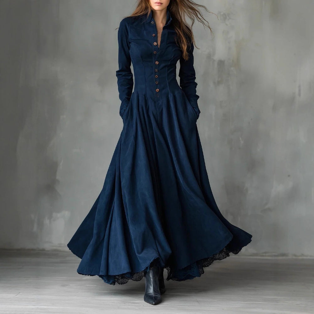 European and american cross-border  independent station french retro high-end faux suede lace trim patchwork shirt dress