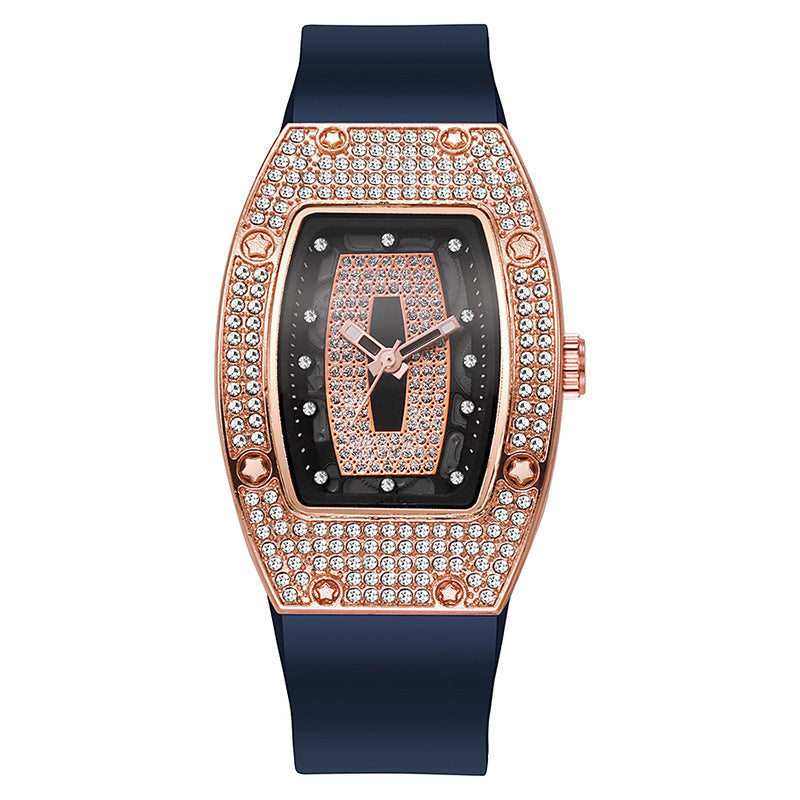 Honghong wine barrel-shaped diamond-encrusted quartz tape women's watch fashiontrendyelegant women's watch silicone watch wholesale