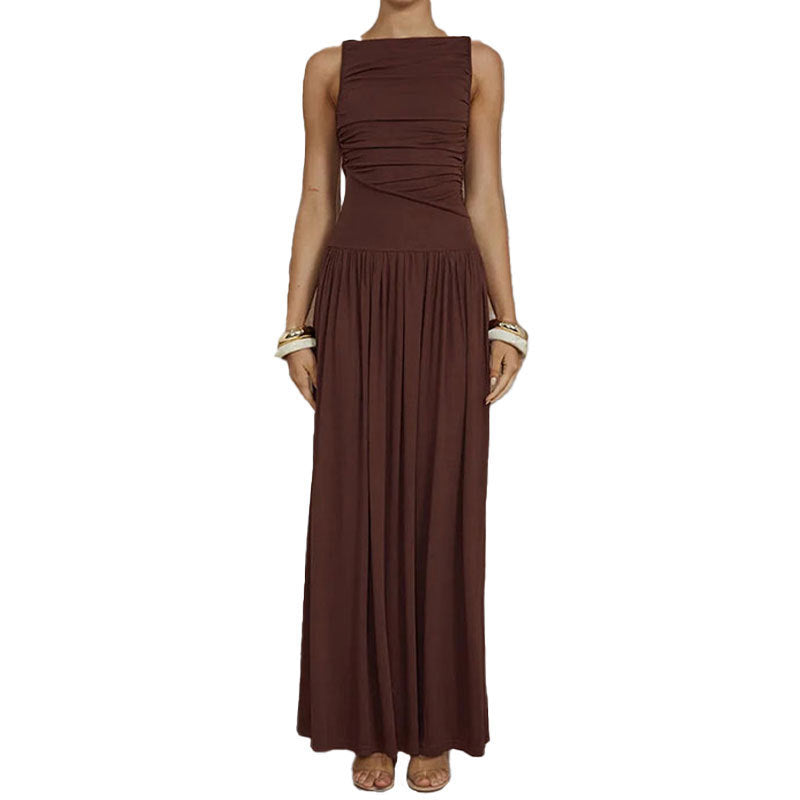 summer new women's fashion: european and american cross-border dress - elegant, slim-fit, solid color pleated maxi dress