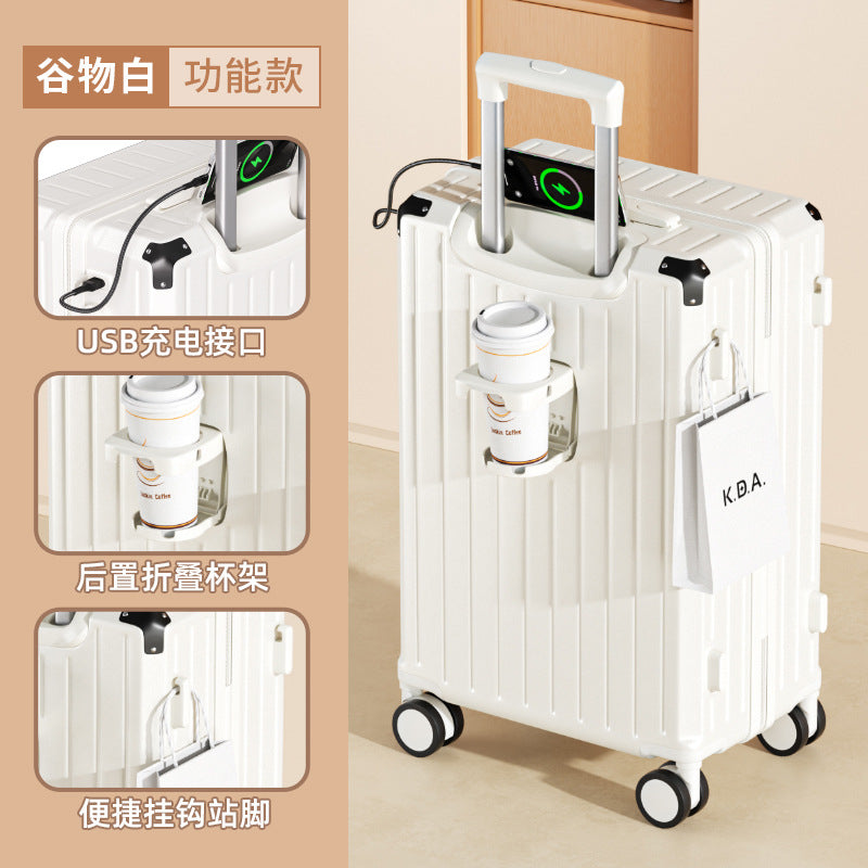 Luggage 24-inch multi-functional suitcase with cup holder, strong and durable trolley case 20-inch password box, large capacity