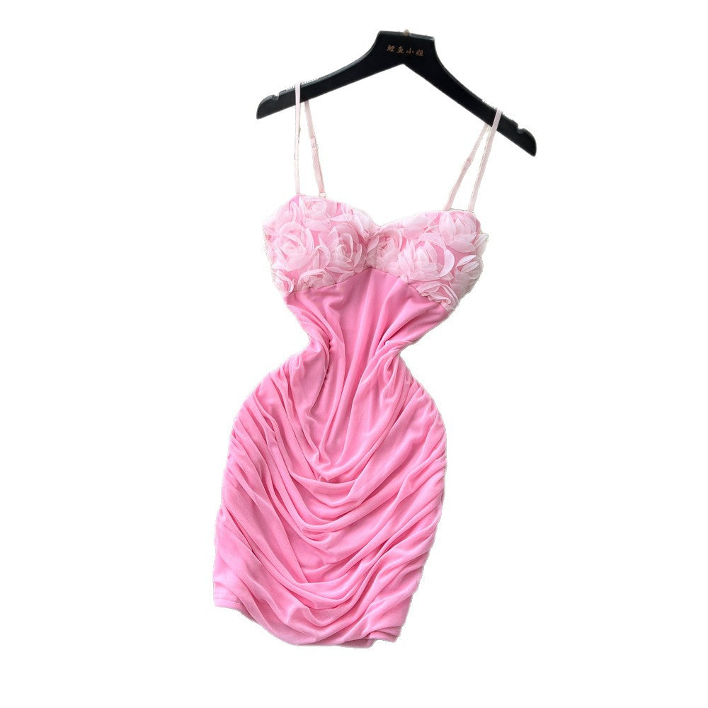 Sexy red suspender pleated dress for women summerk-style sleeveless pleated waist bag hip skirt hot girl style